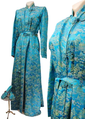 Stunning Vintage 40s Turquoise Brocade Housecoat with Slippers