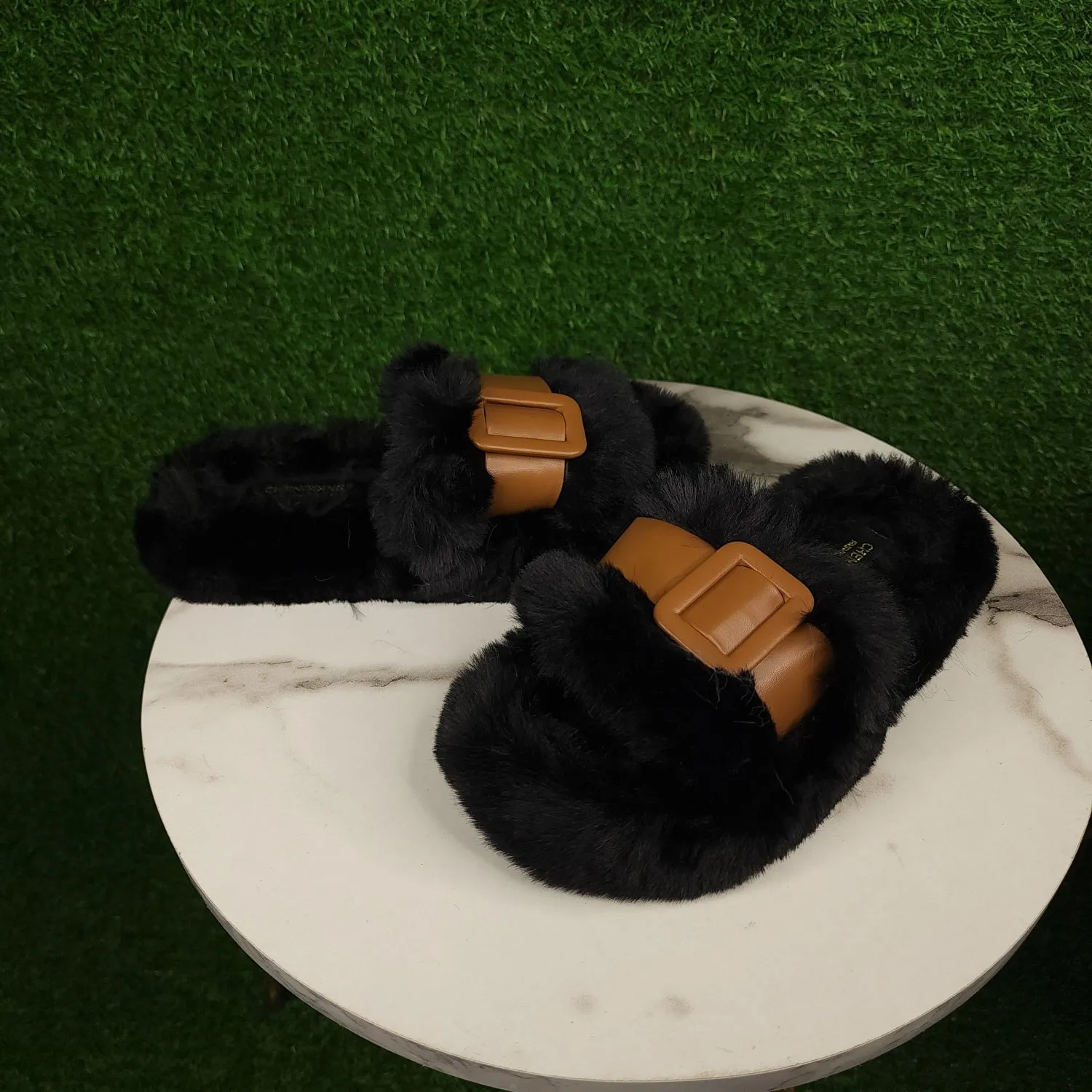 Black Brown Fur Slippers