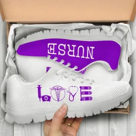 Nurse Sneaker, Nurse Love Purple White Sneakers Shoes, Best Shoes For Nurses