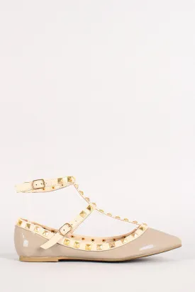 Patent Pyramid Studded T-Strap Flat