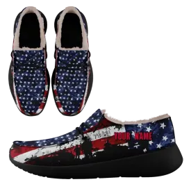 Personalized USA Flag Sneakers, Custom Stars and Stripes Loafer Shoes, Fur Lining Shoe, Pride in Comfort,FN042-24020304-7b