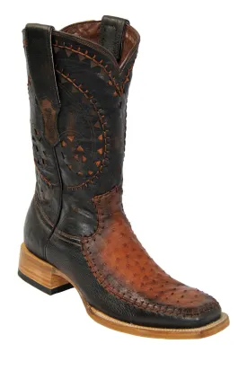 Stitched ostrich square toe boots